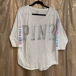 PINK Victoria’s Secret Watercolor Sequin Bling Oversized White T-Shirt, M
